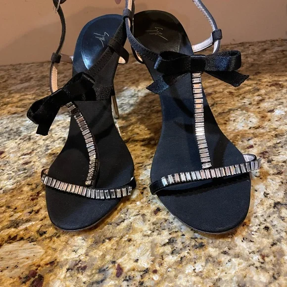 Giuseppe Zanotti Black Grosgrain Crystal Sandals Size 38